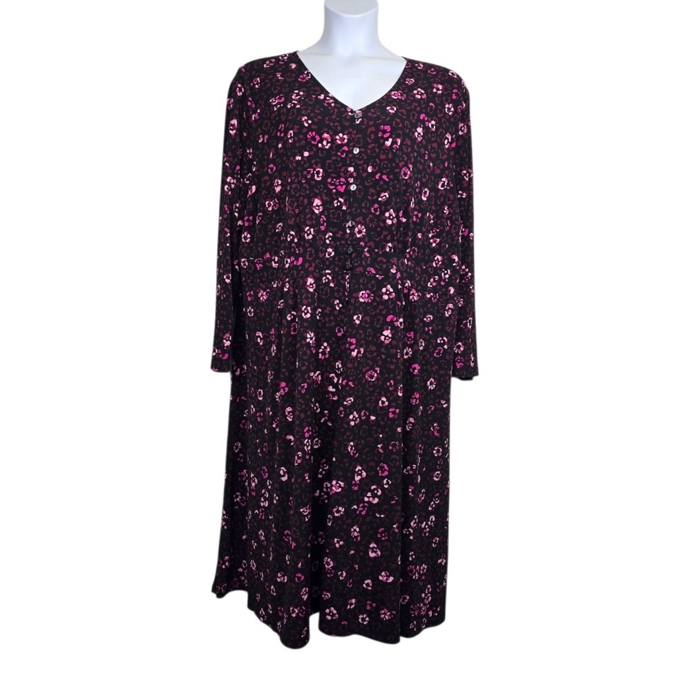 Talbots Womens Long Sleeve Pink Black V-Neck Animal Print Midi Dress Size 3X